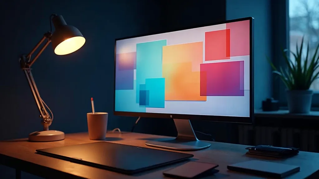 A designer's desk at dusk with a large monitor showing an abstract grid of blank coloured rectangles in many sizes, a graphics tablet and stylus beside it under a warm desk lamp