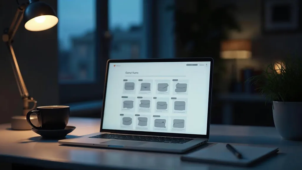A clean modern desk at dusk with a laptop displaying an abstract blank email layout of grey placeholder blocks, a coffee cup and small notebook beside it in a dark navy office