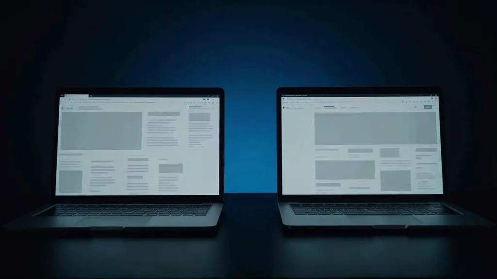 Two identical laptops side by side on a dark desk at dusk, each screen showing a slightly different abstract blank webpage wireframe in grey blocks under soft blue rim light