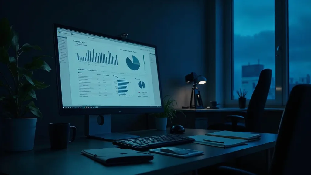 A large monitor on a dark desk at dusk showing an abstract dashboard of blank grey charts and empty line graphs, a keyboard and notebook beside it in a deep navy office