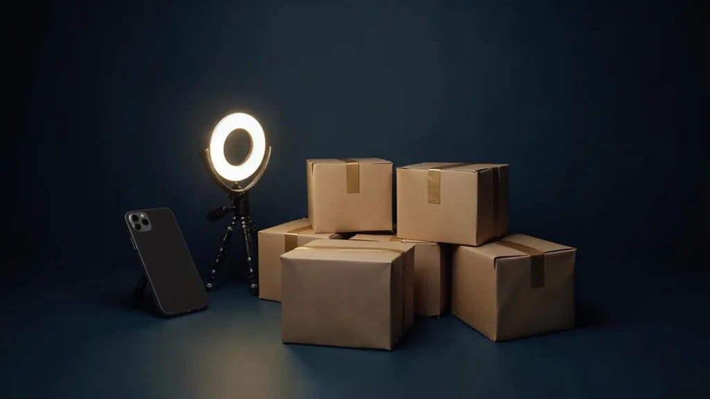 A ring light and a smartphone on a small tripod set up beside a tidy pile of unbranded plain cardboard parcels on a dark table at dusk in a deep navy studio