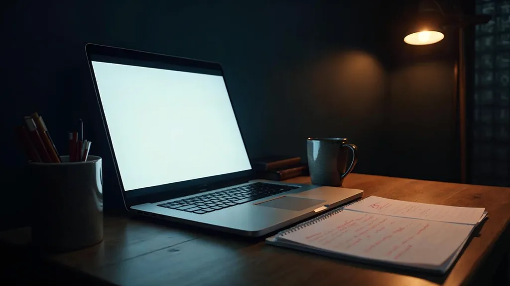 A writer's desk at dusk with an open laptop showing a blank document, a printed page marked with red editing notes beside it and a mug under a warm lamp in a dark navy room