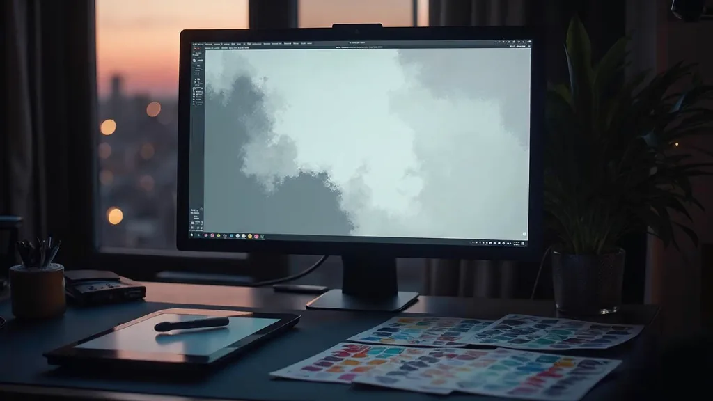 A designer's workspace at dusk with a large monitor showing an abstract blank canvas of grey shapes, a graphics tablet, colour swatch cards and a stylus on a dark navy desk