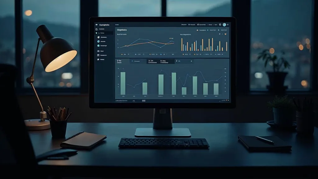 A dark desk at dusk with a monitor showing an abstract blank dashboard of grey bar charts and empty tables, a keyboard, notebook and pen beside it in a deep navy office