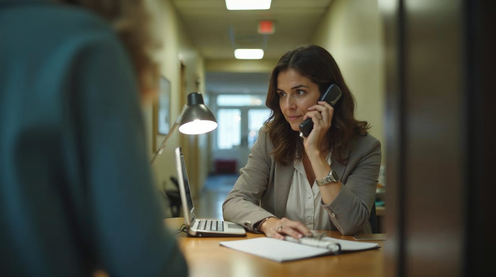 Admissions counsellor at a desk taking a phone call with a notepad and a desk lamp, corridor of a treatment facility behind