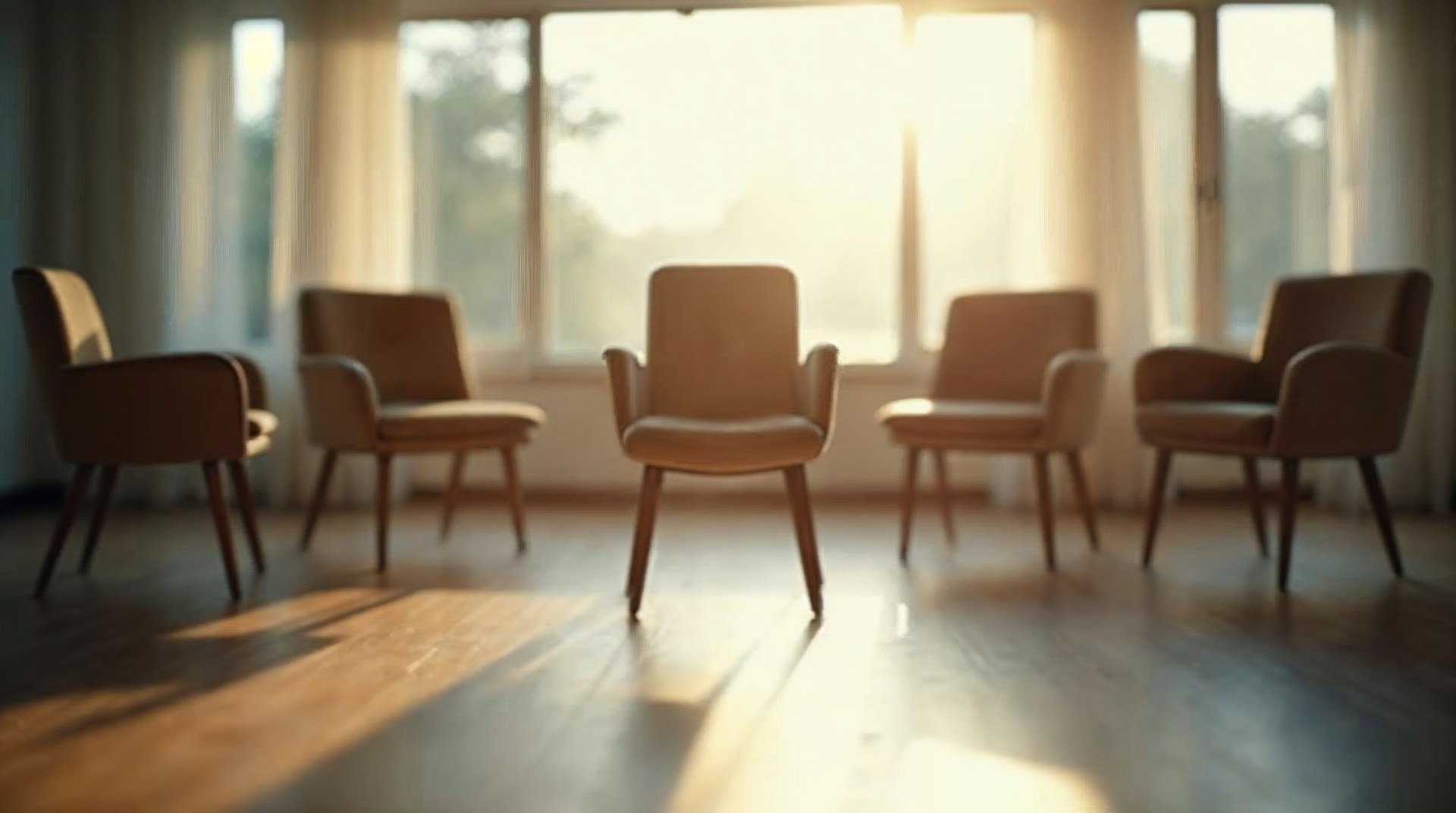 Small group therapy circle in a bright treatment centre common room, empty chair in the foreground, morning light through tall windows