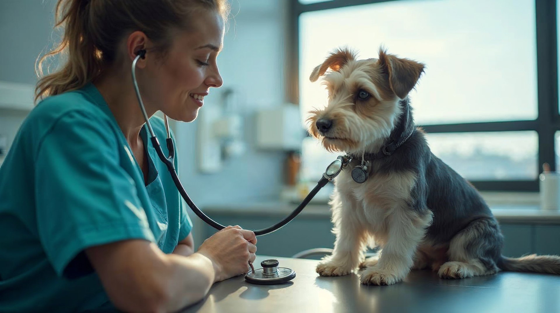 Veterinary technician holding a stethoscope to a calm terrier on a stainless exam table, clinic window light behind