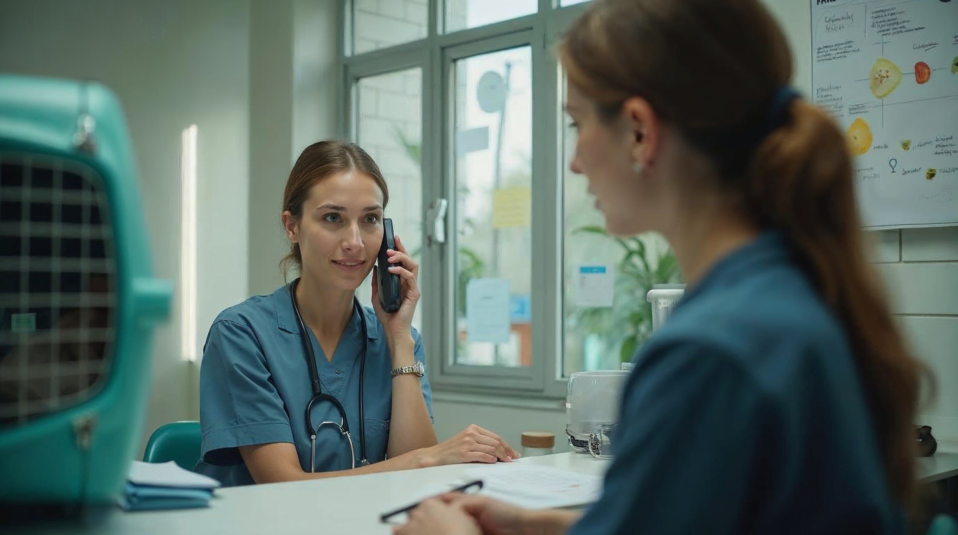 Practice receptionist at a veterinary front desk taking a booking call while a client waits with a cat carrier
