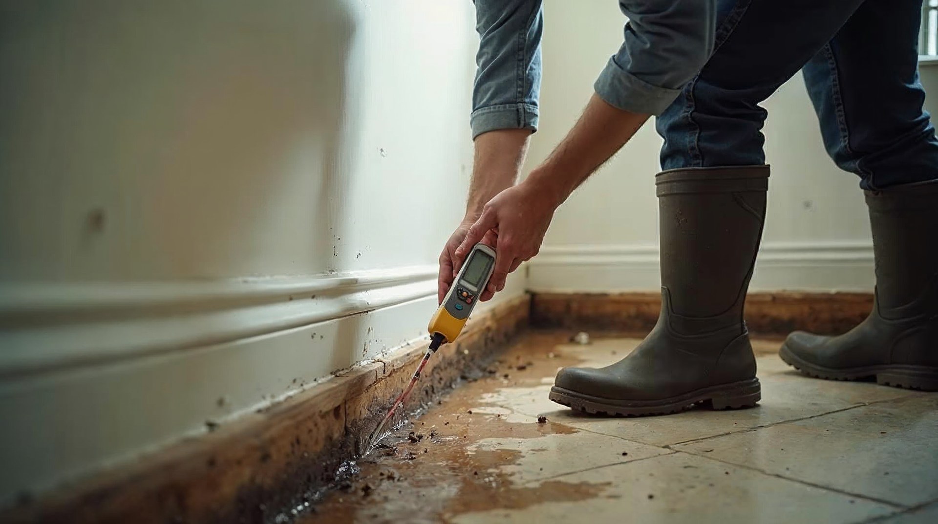 Restoration technician in boots pulling water-damaged baseboard away from a wet wall while holding a moisture meter