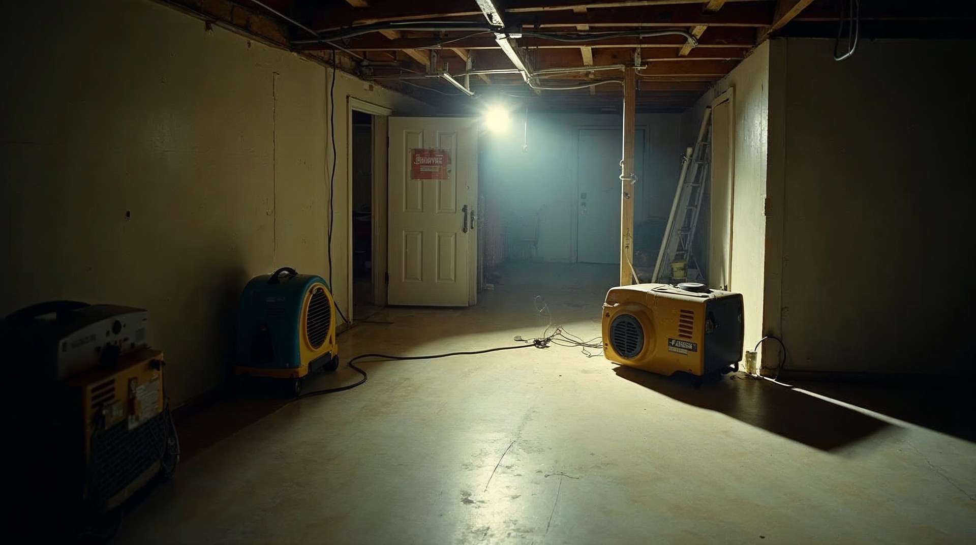 Air movers and a dehumidifier running on a stripped basement floor at night, work light casting long shadows