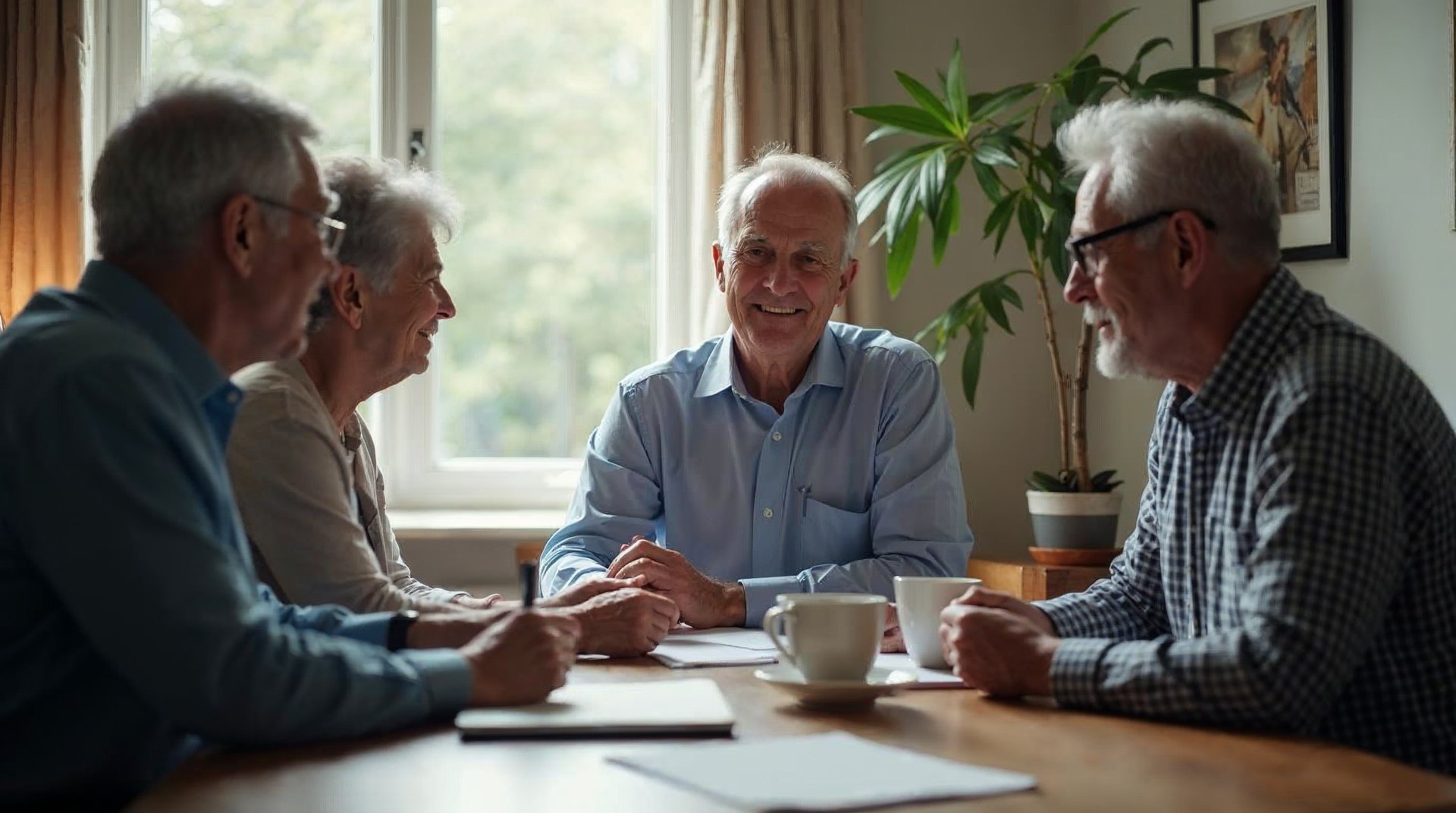 Financial adviser in shirtsleeves talking with an older couple across a wooden table, notebook and coffee between them