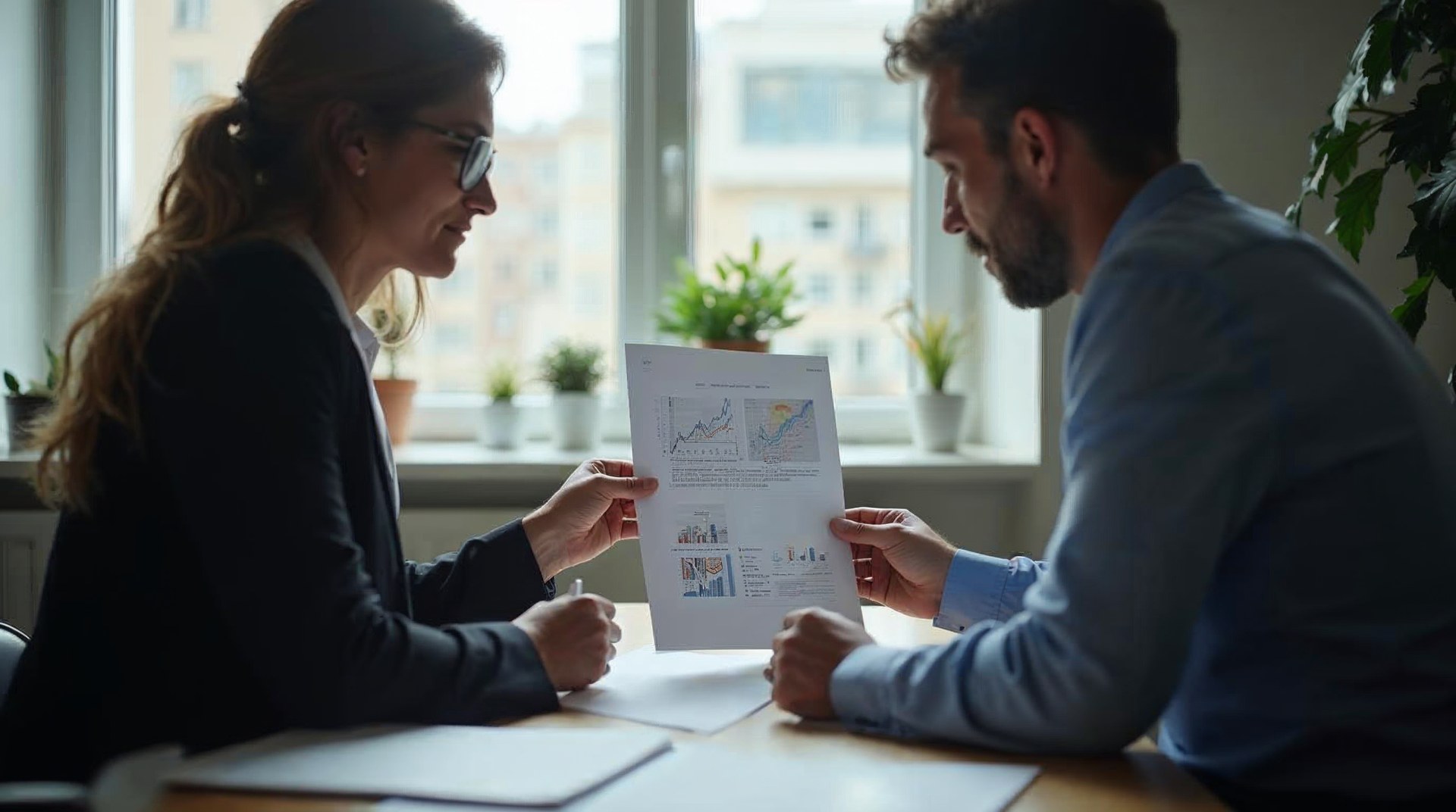 Two advisors reviewing a printed portfolio report across a conference table in a quiet office, city window light behind