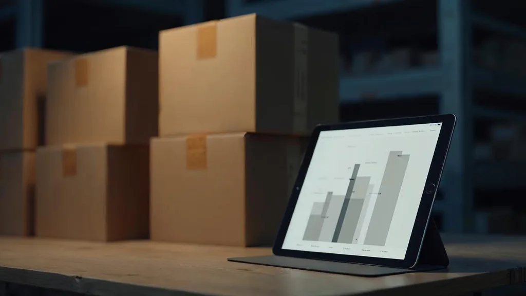 A warehouse packing bench at dusk with plain unbranded cardboard boxes stacked neatly and a tablet propped up showing an abstract blank grey chart under soft warm light