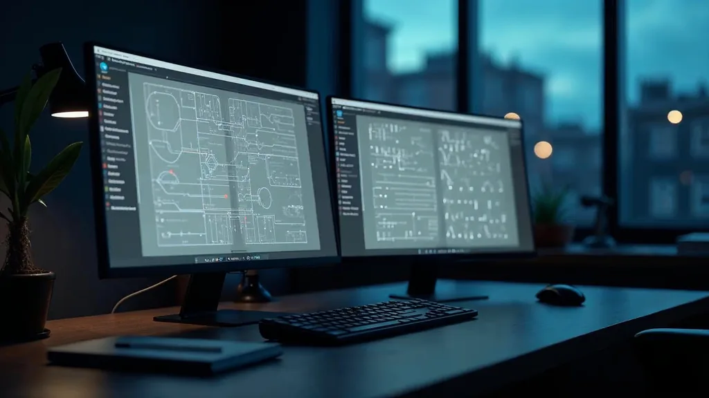 A tidy office desk at dusk with two monitors showing abstract blank grey table rows and empty connector diagrams beside a keyboard and closed notebook in a deep navy room