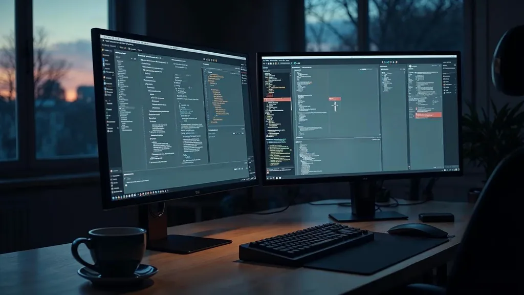 A developer workspace at dusk with two monitors showing abstract blank grey interface wireframes and empty terminal panels beside a mechanical keyboard and coffee cup in a deep navy room