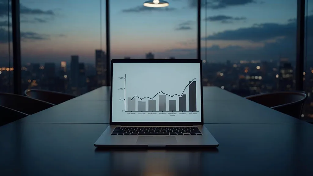 An empty modern meeting room at dusk with a laptop open on a long table showing an abstract blank grey chart, city windows behind and soft warm light in deep navy tones