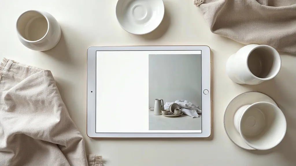 A styled flat-lay of plain unbranded ceramic homeware and folded neutral linen on a pale surface beside a tablet showing an abstract blank grey grid in soft daylight