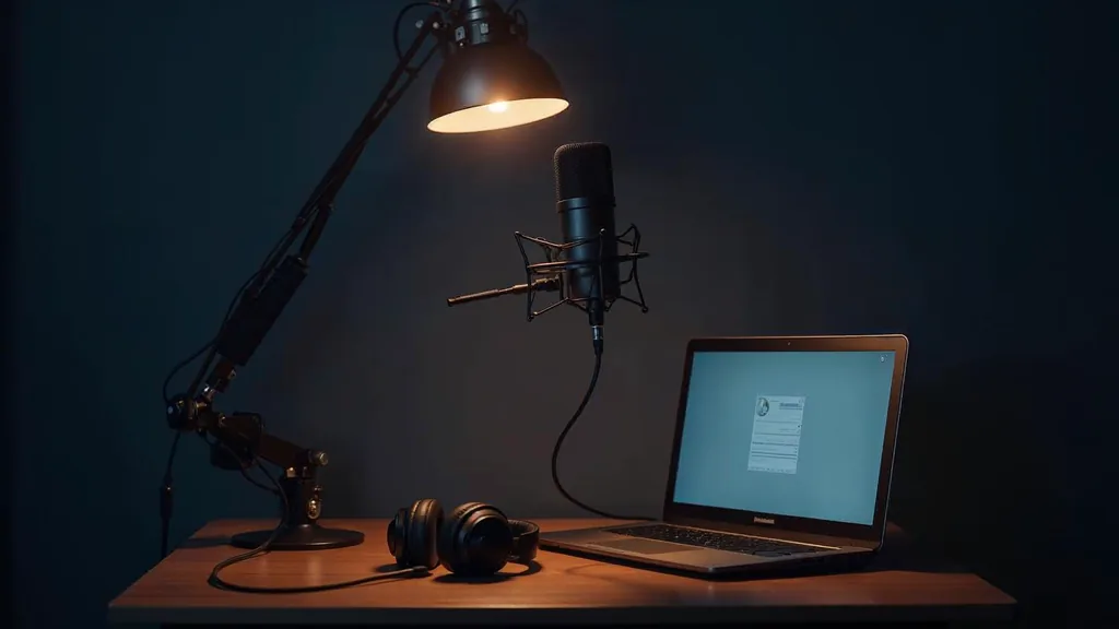 A home studio desk at dusk with a plain unbranded condenser microphone on a boom arm, a closed laptop and headphones resting beside it under soft warm key light in a deep navy room
