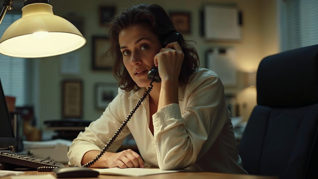 An office manager at a cluttered desk with a landline handset tucked under one ear, photographed in Raleigh