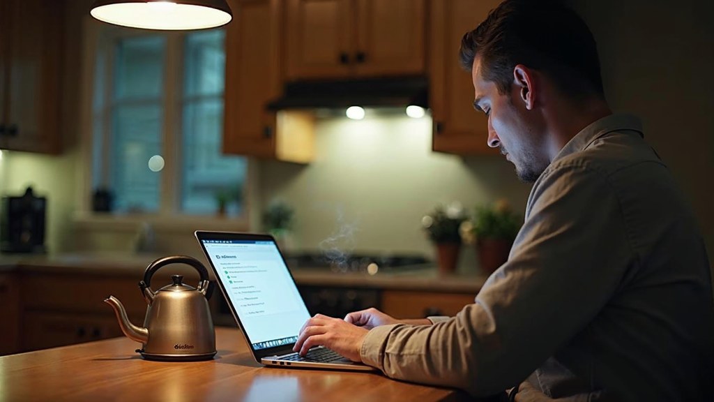 A service-business owner at a kitchen table typing a question into a laptop while a kettle steams behind, photographed in Raleigh