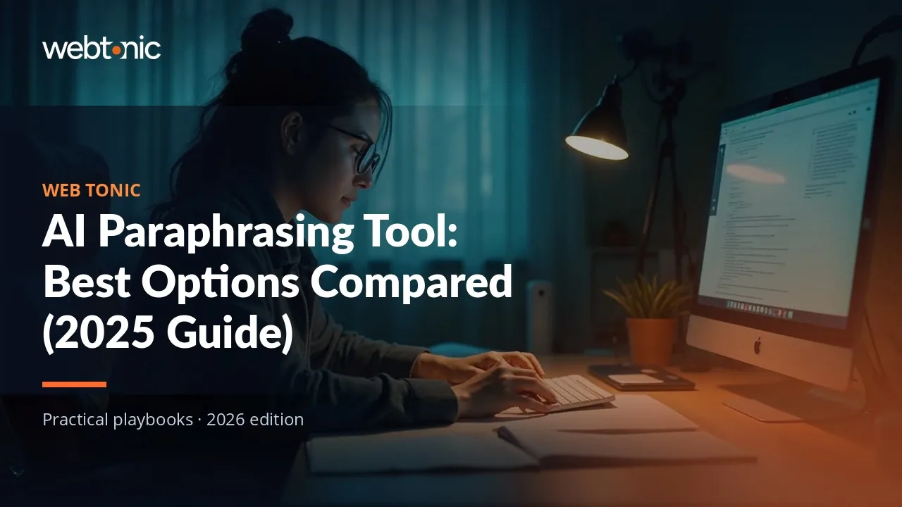 Editorial hero image for the Web Tonic article AI Paraphrasing Tool: Best Options Compared (2025 Guide)
