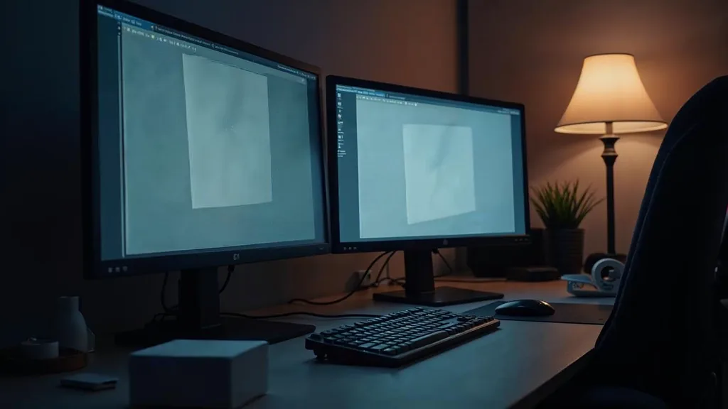 A tidy desk at dusk with two monitors showing abstract blank grey wireframe layouts, a plain unbranded product box and tape dispenser beside a keyboard under soft warm light in a deep navy room