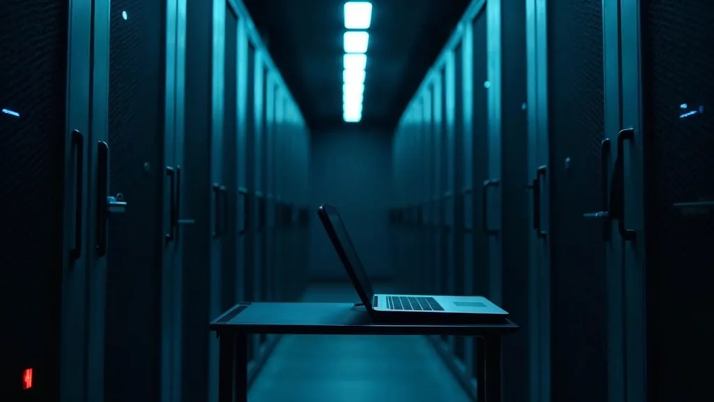 A dim server room aisle at dusk with plain unbranded rack panels and a soft blue indicator glow, a closed laptop resting on a cart in the foreground in deep navy tones