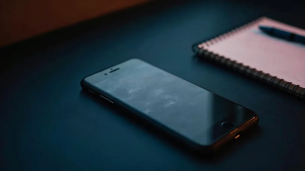 A smartphone lying face up on a dark slate desk at dusk showing an abstract blank grey app grid beside a notebook and pen under soft warm rim light