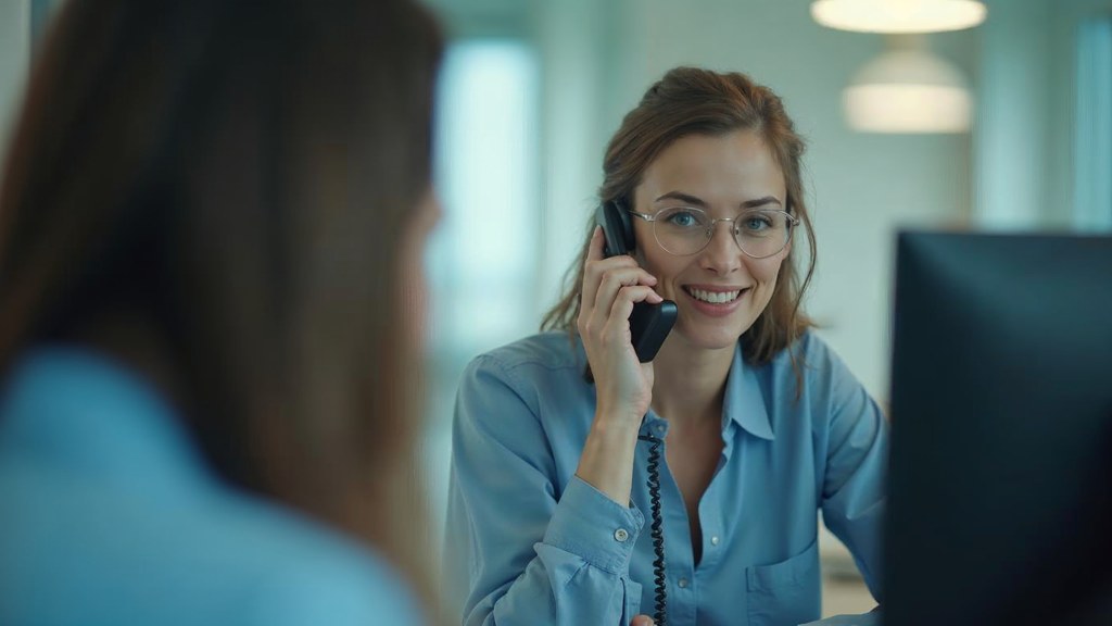A clinic receptionist taking a phone call at a busy front desk with patients waiting, photographed in Raleigh