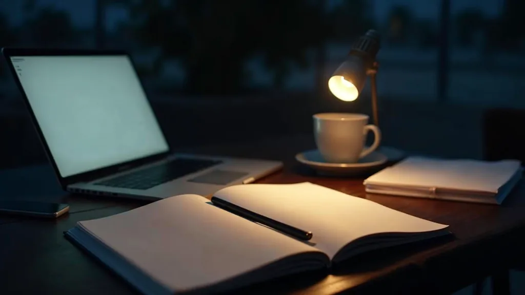 A writer's desk at dusk with an open blank notebook, a closed laptop, a coffee cup and a stack of plain unmarked printed pages under soft warm side light