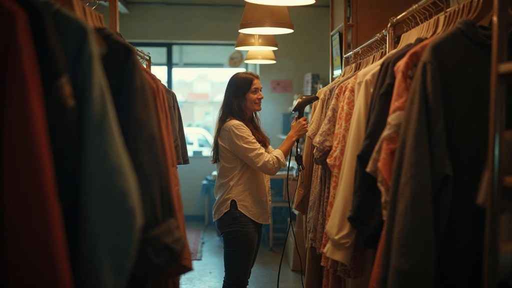 A boutique owner steaming garments in a narrow shop stockroom at opening time, photographed in Raleigh