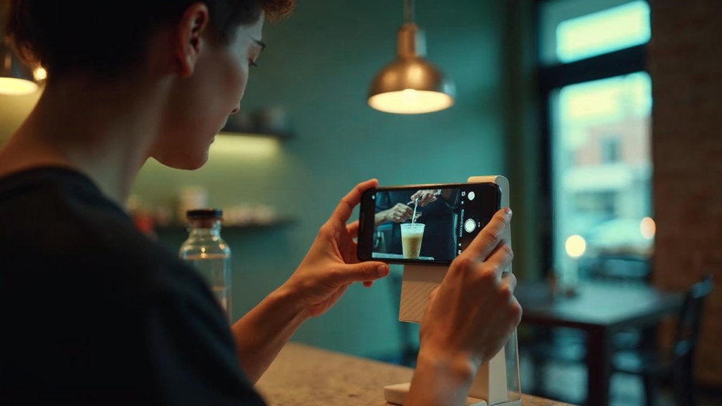 A young cafe worker filming a drink being poured on a phone propped against a napkin holder, photographed in Raleigh
