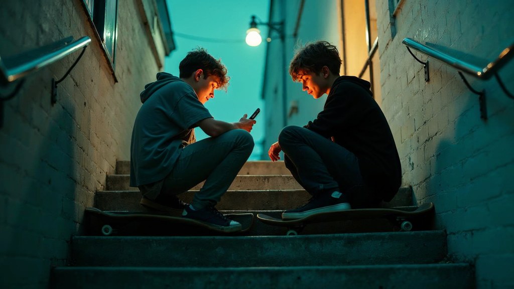 Two teenagers on skateboards looking at a phone on a set of concrete steps, photographed in Raleigh