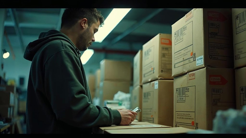 A seller checking barcodes on stacked cartons in a garage stockroom, photographed in Raleigh