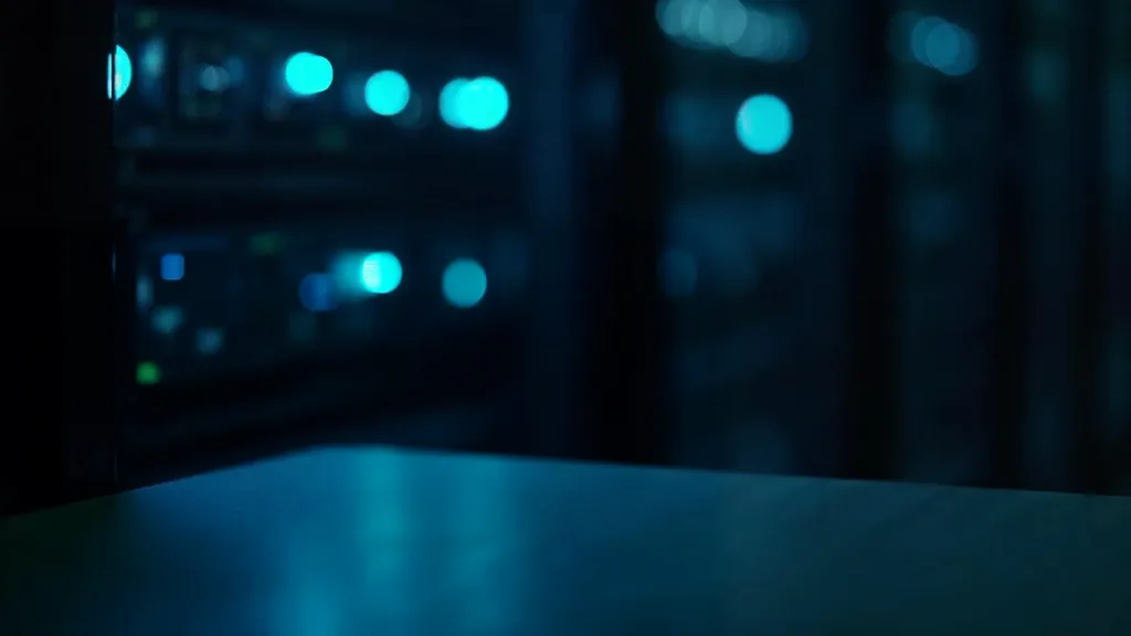 A dimly lit server rack in deep navy shadow with soft out-of-focus cyan status lights above an empty desk surface
