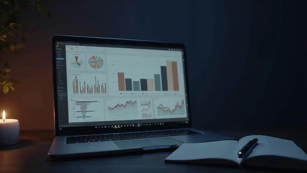 A laptop on a dark desk at dusk showing an abstract blank grey dashboard with empty chart frames beside a notebook and pen under soft warm light
