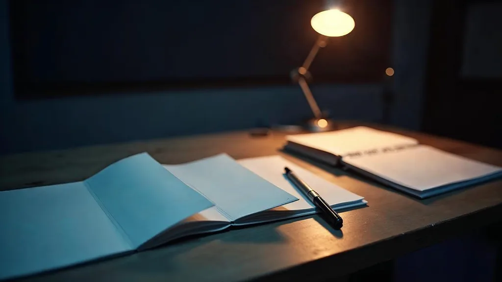 A studio table at dusk with plain unmarked storyboard cards fanned out beside a marker and a blank sketchpad under soft warm side light