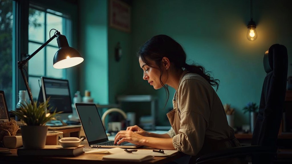 A small-business owner in an apron leaning over a laptop on a cluttered back-office desk late in the day, photographed in Raleigh