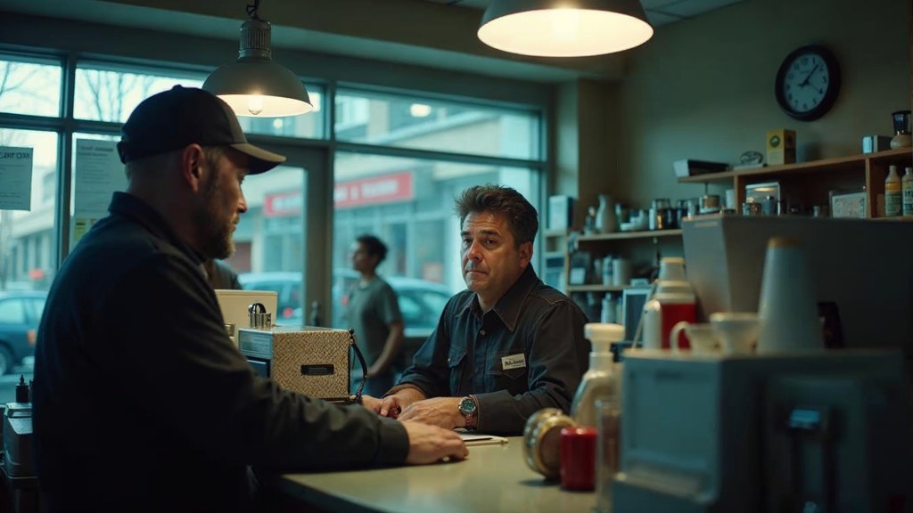 A shop manager standing behind the counter checking a phone while a customer waits at the till, photographed in Raleigh