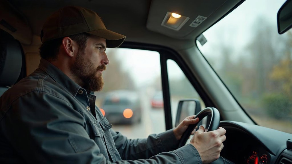 A contractor sitting in the cab of a work van reviewing a phone before driving off, photographed in Raleigh