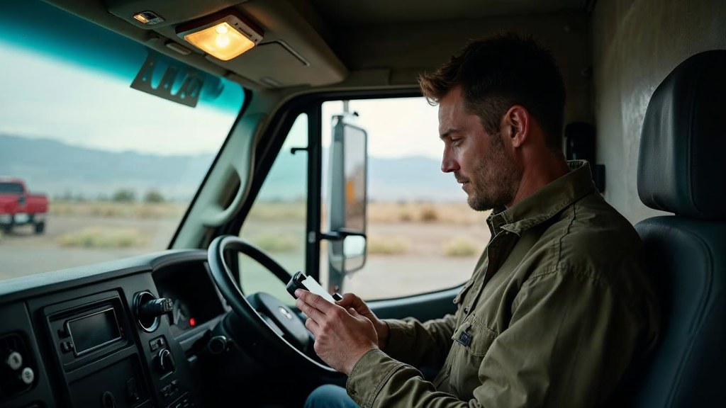 A contractor sitting in the cab of a work van reviewing a phone before driving off, photographed in Reno