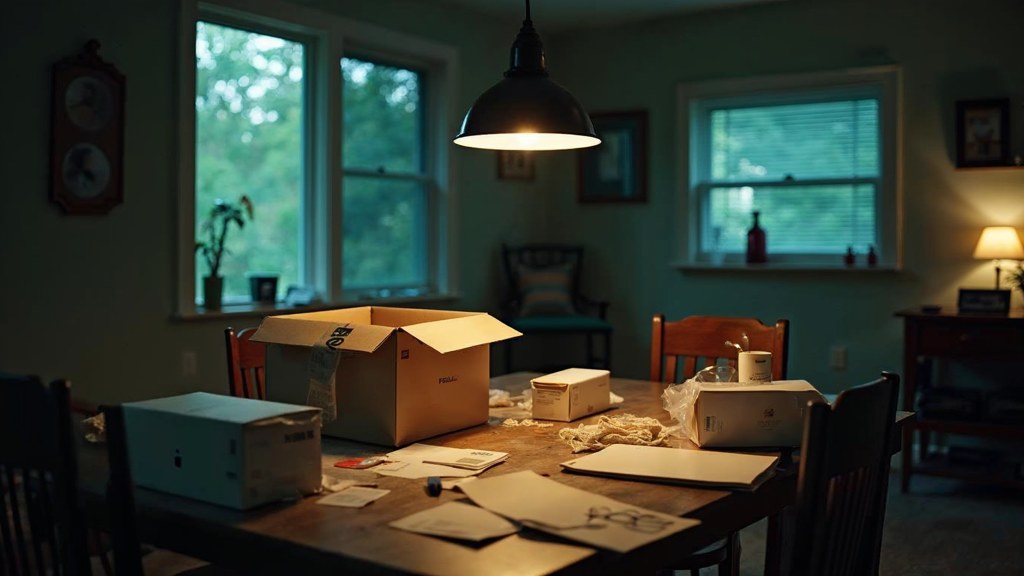 A customer filming an unboxing on a kitchen table strewn with packaging, photographed in Raleigh