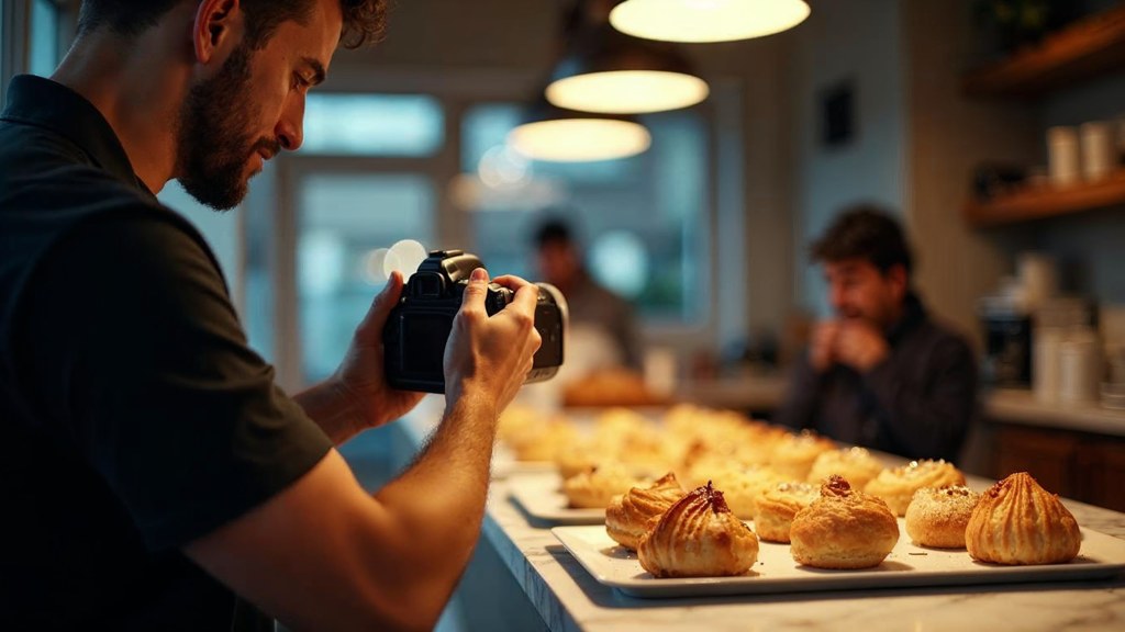 A bakery owner photographing a tray of pastries on a marble counter at dawn, photographed in Raleigh