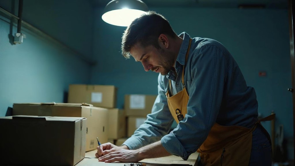 A warehouse worker taping shipping boxes under strip lighting in a small fulfilment room, photographed in Raleigh