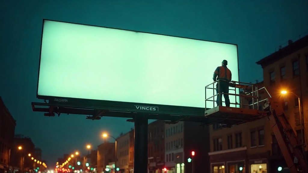 A crew member on a lift installing a blank billboard panel above a busy street, photographed in Raleigh