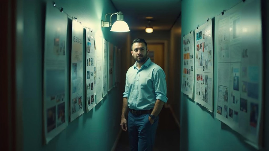 A media planner standing at a wall of printed layouts in a narrow agency corridor, photographed in Raleigh
