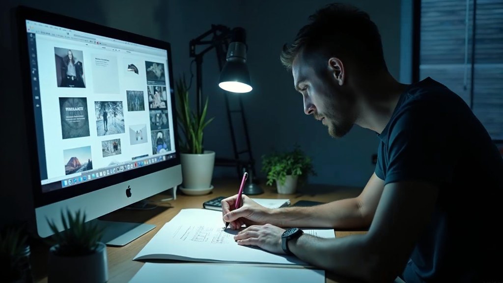 A studio designer sketching a page layout on paper beside a monitor in a dim room, photographed in Raleigh