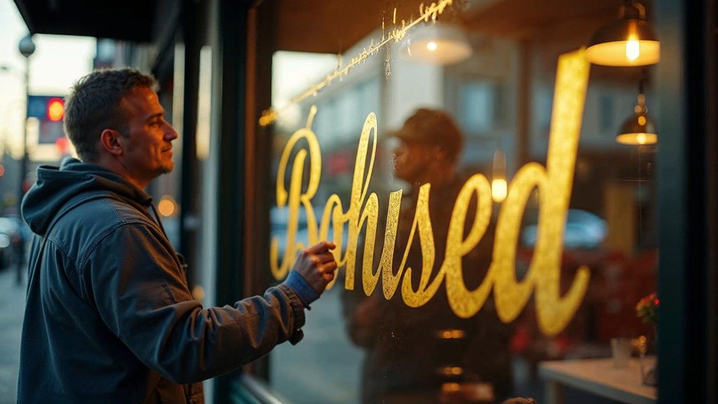 A sign painter finishing gold lettering on a shopfront window from the street side, photographed in Raleigh