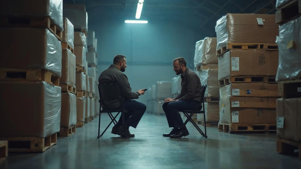 A warehouse supervisor interviewing a candidate on folding chairs beside stacked pallets, photographed in Raleigh
