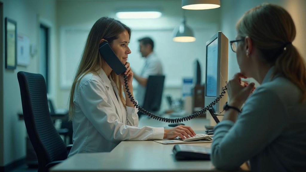 A clinic receptionist taking a phone call at a busy front desk with patients waiting, photographed in Reno